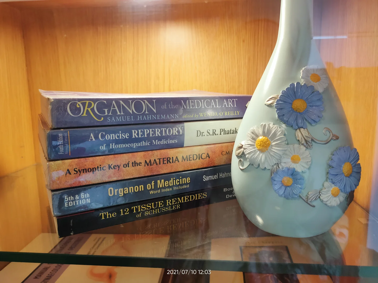 Homeopathic reference volumes, including Organon of the Medical Art and a repertory, stacked on the clinic's birch shelf